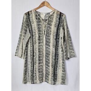 CAbi #867 Beatnik Sheer Pleated 3/4 Sleeved Black & Cream Lace Up Tunic Sz S